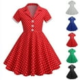 thumbnail image 1 of Einccm Girls Dress - Vintage Polka Dot Print Summer Short Sleeve A-Line Flared Skater Dresses, Retro Scoop Neck Button Front Waist Tie Party Clothing for Kids Age 3-8 Years, 1 of 5