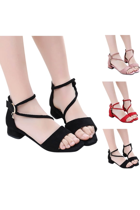 Girls Gladiator Sandals Low Heel Cross Strap Rotary Buckle Breathable Non-Slip Summer Shoes for Kids 5-16 School Dance Party