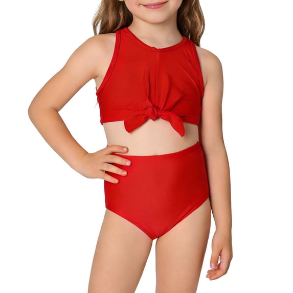 Einccm Girls High-Waist Bikini Swimsuit Set with Ruffle and Cutout Design, Quick-Dry Stretchy Fabric, for 2-12 Years, Ideal for Beach, Pool, and Summer Water Activities