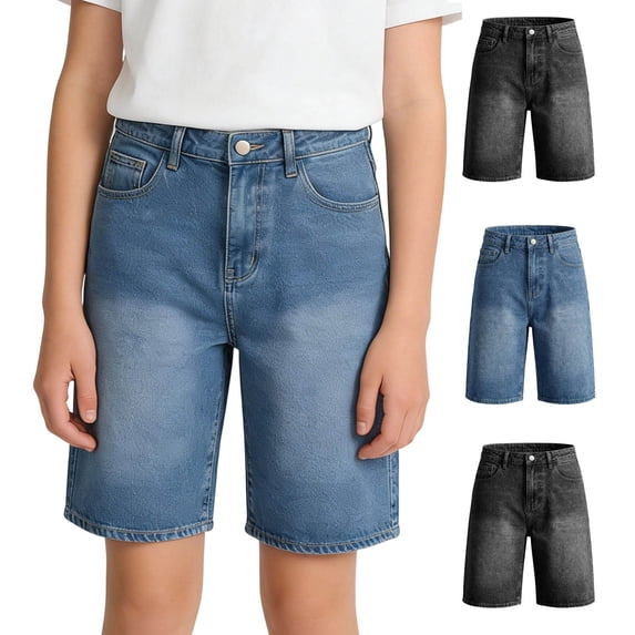 Einccm Girls High Waisted Denim Bermuda Shorts, Lightweight Black Five Pocket Casual Workwear Jean Shorts with Pockets for 12-16 Years Teen Girls School Summer Wear