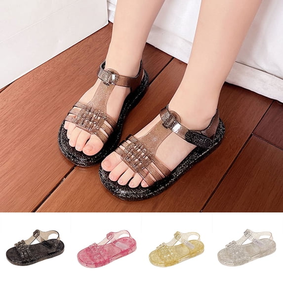 Einccm Girls Jelly Princess Crystal Shoes - Soft Soled Comfortable Breathable Beach Sandals with Glitter Transparent PVC Upper Non Slip Sole and Knob Buckle for Summer Party Casual Outings