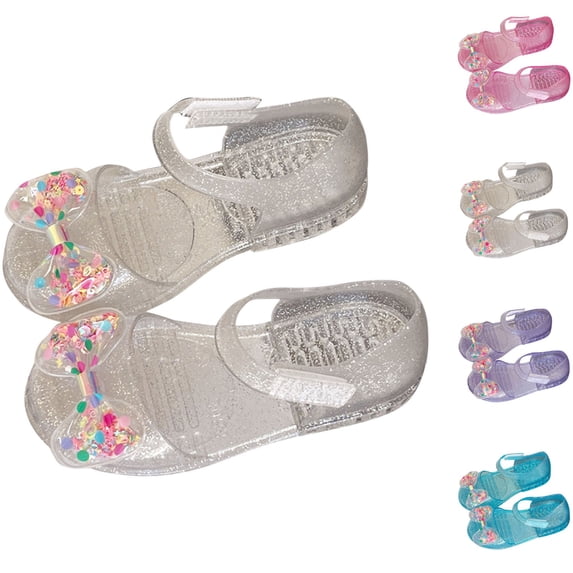Einccm Girls Jelly Sandals Princess Sequined Bowknot Transparent PVC Beach Shoes Soft Sole Non-Slip Hook and Loop Toddler Kids Summer Party Casual Water Shoes