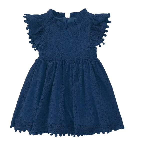 Einccm Girls Lace Embroidery Dress - Vintage Puff Sleeve Floral A-Line Party Skirt with Ruffles and Pom-Pom Trim - Retro Knee-Length Summer Princess Gown for Toddlers and Kids Ages 1-6 Years