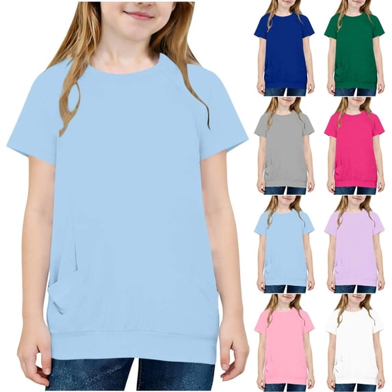 Einccm Girls Longline Short Sleeve Tee - Loose Drop-Shoulder Fit with Hidden Double Pockets, Round Neck, Ribbed Hem, Casual Top for Kids 5-15, Summer