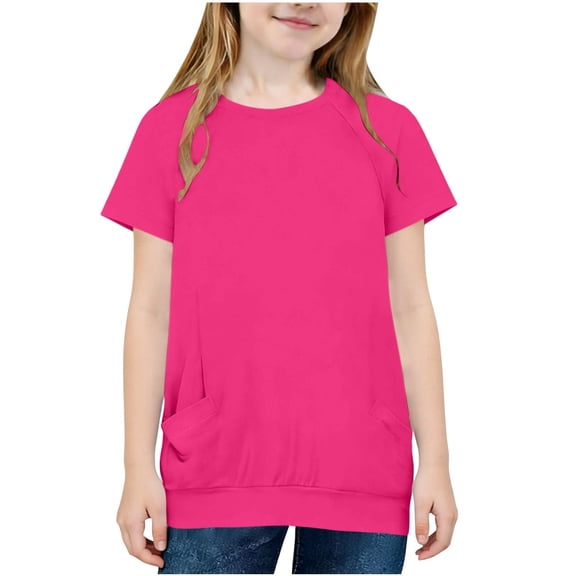 Einccm Girls Longline Short Sleeve Tee - Loose Drop-Shoulder Fit with Hidden Double Pockets, Round Neck, Ribbed Hem, Casual Top for Kids 5-15, Summer