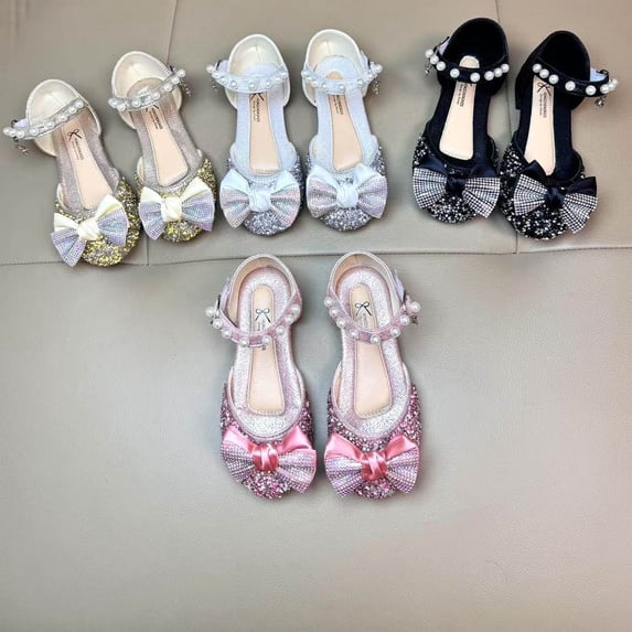 Einccm Girls Mary Jane Flats Sparkly Rhinestone Bow Dress Shoes with Pearl Buckle, Hook & Loop Closure, Non-Slip Sole for Toddler Flower Girl Wedding Party School Performance
