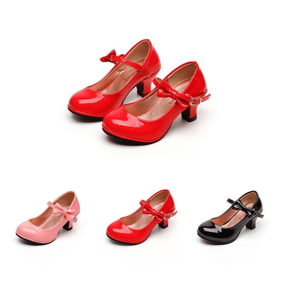 Einccm Girls Mary Jane Shoes - Glossy Low Heel Princess Shoes - Bow Decor Buckle Strap Dress Shoes for Party, Wedding and Dance