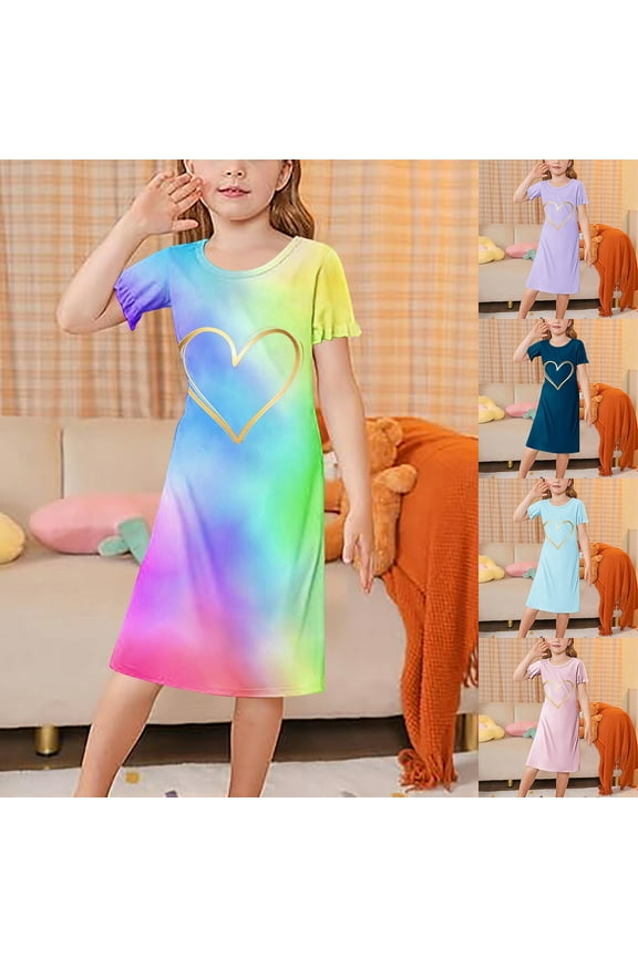 Girls Nightgowns Pajamas Sleepwear Princess Cute Heart Print Nightdress, Soft A-Line Mid Calf Nightie with Flutter Sleeve Short Sleeve, for Girls 3-12 Years
