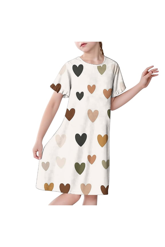 Girls Nightgowns Short Sleeve - Cute Cartoon Print Cotton Soft Sleepwear, Loose A-Line Sleep Dress for Girls 2-15 Years, Suitable for Summer Air Conditioning Home Wear