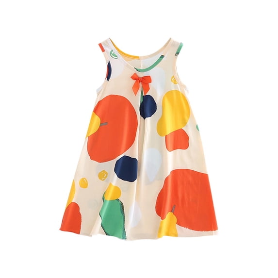 Einccm Girls Nightgowns Sleepwear – Princess A-Line Sleeveless Nightdress with Orange Bow, Dot & Abstract Print, Breathable Cotton Summer Pajamas for Ages 1-14