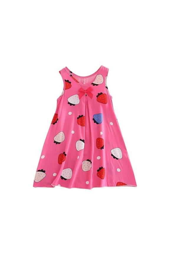 Girls Nightgowns – Sleeveless A-Line Strawberry Print Princess Sleep Dress, Soft Breathable Cotton Summer Pajamas, Loose Round Neck Nightie for Ages 1-14