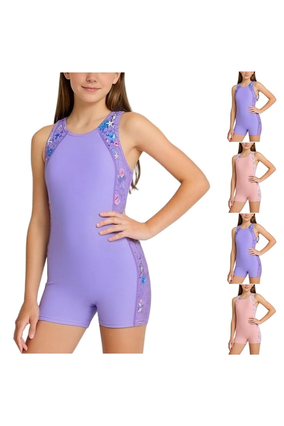 Girls One Piece Swimsuit for Kids 5-15Y, Sleeveless Round Neck High Waist Shorts Swimsuit, Slim Fit Floral Patchwork Flat Leg Jumpsuit Swimwear for Beach Pool Vacation Sports