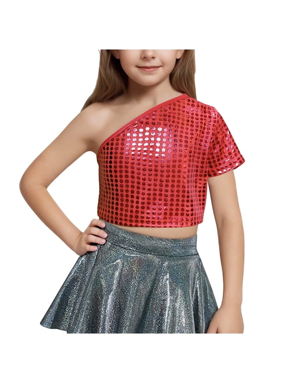 Girls One Shoulder Sequin Crop Top - Short Sleeve Glossy Performance T-Shirt for Casual Wear - Asymmetrical Off-Shoulder Design Comfortable Fit Ages 3 to 16 Years