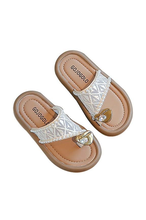 Girls Pearl Lace Sandals - Heart Rhinestone Dress Shoes - Non-Slip Breathable Slip-on Slides for Party and School
