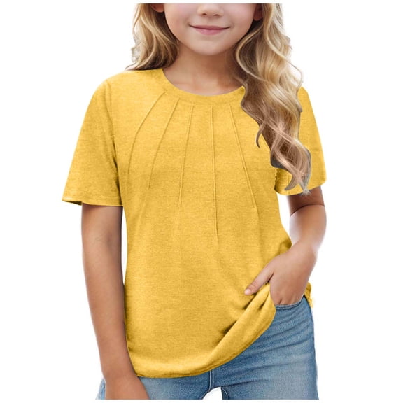Einccm Girls Pleated T-Shirt Short Sleeve Crewneck Casual Summer Top - Relaxed Drop Shoulder High-Low Hem Fashion Tee for Toddlers and Kids 3-14 Years School Outdoor Wear