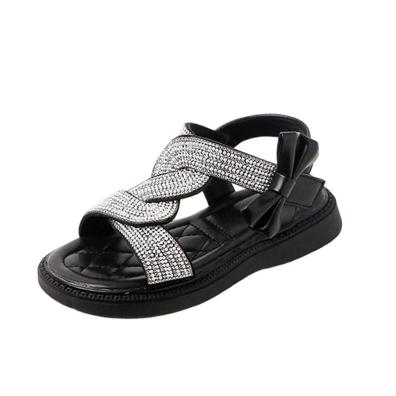 Einccm Girls Princess Sandals, Rhinestone Pearl Bow, Hook and Loop, Breathable Non-Slip Summer Dress Shoes for Big Kids