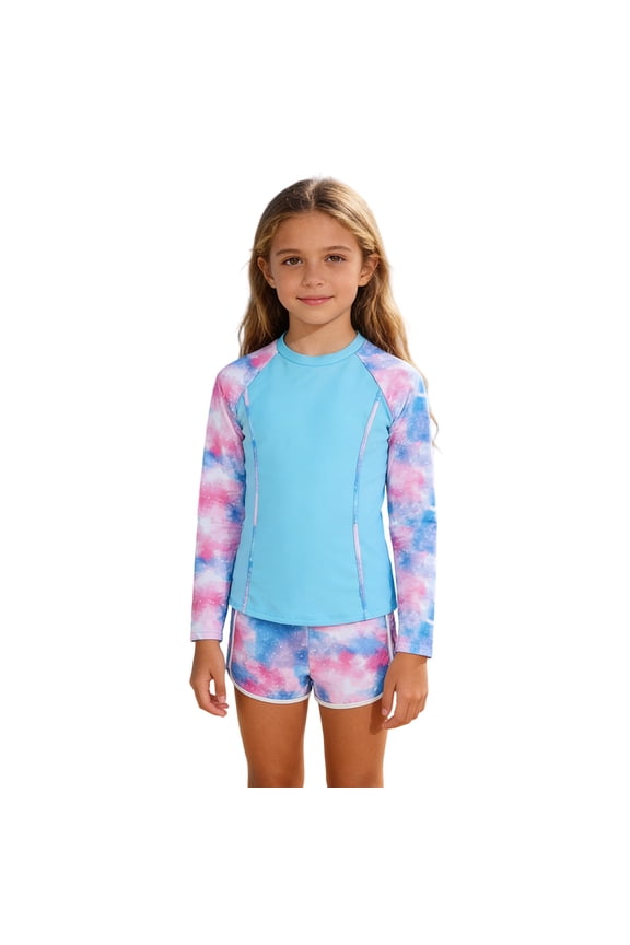 Girls Rash Guard Swimsuit Set, Kids Girls Long Sleeve Swimwear 2 Piece Set Ages 13-16 UV Protection Quick Dry Modest Cute Print Beach Pool Swimming Outfit