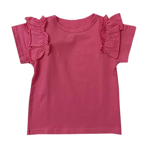 Einccm Girls Short Sleeve Blouse with Flutter Sleeves - Cute Solid Color Ruffle Trim Top, Loose Fit Round Neck for Toddler and Little Girls Ages 2-8 Years, for School Play Outdoor Casual Wear