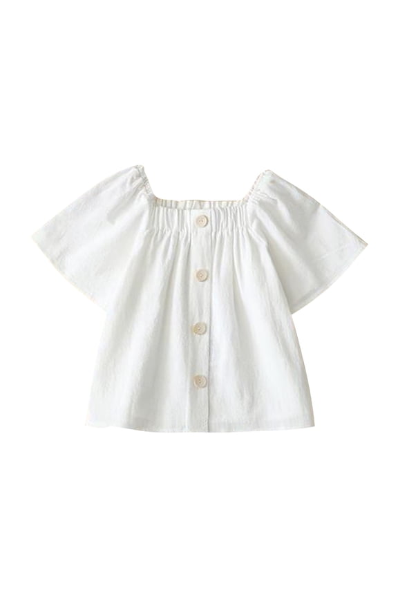 Girls Short Sleeve Blouse - Square Neck with Adjustable Drawstring, Flutter Sleeves, 4-Button Front, Mid-Length Design, for Casual, School, Daily Wear, Sizes for Age 6 to 16 Years
