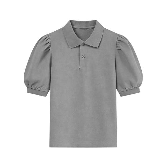 Einccm Girls' Short Sleeve Peter Pan Collar Top, Solid Color Button Front Bubble Sleeve Blouse, Retro Preppy Style for Back to School, Casual Daily Wear, Ages 5-15