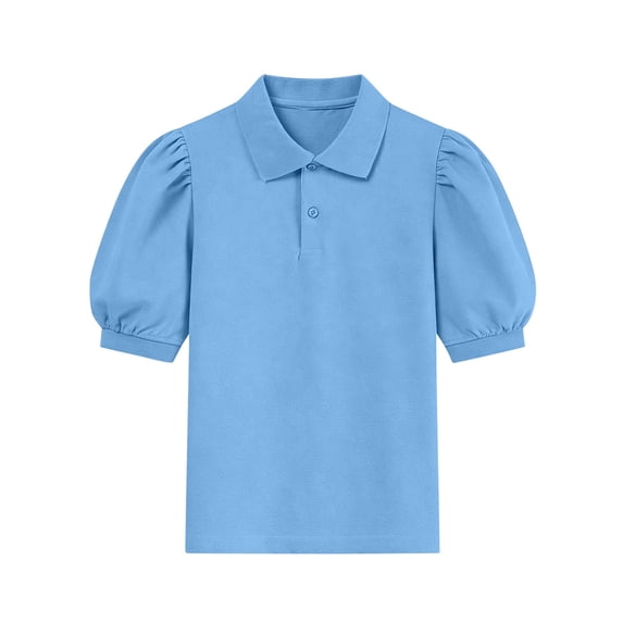 Einccm Girls' Short Sleeve Peter Pan Collar Top, Solid Color Button Front Bubble Sleeve Blouse, Retro Preppy Style for Back to School, Casual Daily Wear, Ages 5-15