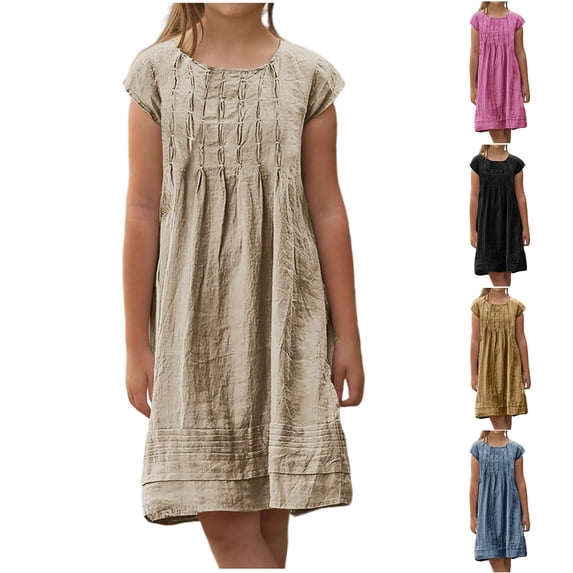 Einccm Girls Short Sleeve Pleated Dress - Comfortable A-Line Casual Sundress with Pockets, Loose Fit Knee-Length Cotton Feel Summer Fashion Outfit for Big Girls and Teens, Size 6-14 Years