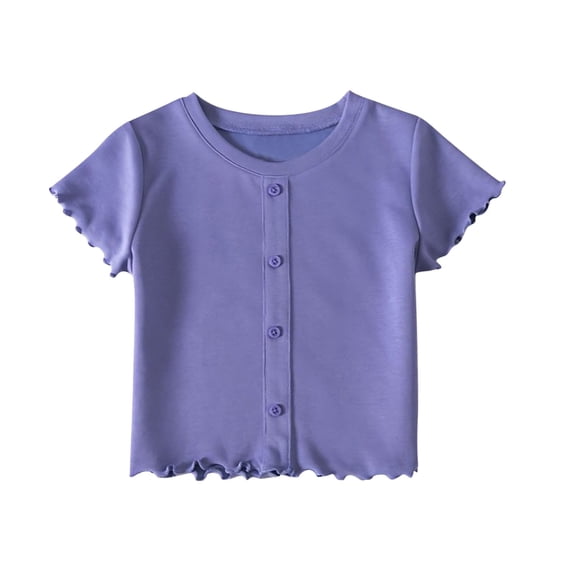 Einccm Girls Short Sleeve T-Shirt Featuring Flutter Sleeves, Ruffled Neckline, Cuffs and Hem, Button Front Design, Short Length Top for Kids Ages 2-10 Years in 4 Solid Colors