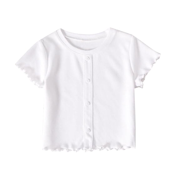 Einccm Girls Short Sleeve T-Shirt Featuring Flutter Sleeves, Ruffled Neckline, Cuffs and Hem, Button Front Design, Short Length Top for Kids Ages 2-10 Years in 4 Solid Colors