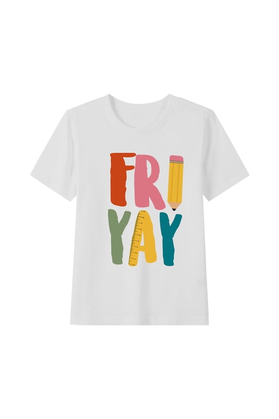 Girls' Short Sleeve T-Shirt - Playful "FRIYAY" Letter Print with Pencil and Ruler Design, Loose Fit Round Neck Kids Tee for School, Summer, and Weekend Wear, Ages 3-12