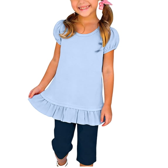Einccm Girls Short Sleeve T-Shirt with Puffed Sleeves and Ruffle Hem, Round Neck Casual Top in 8 Vibrant Colors for Daily Wear, Sizes for Toddler to Teen Girls 1-15 Years
