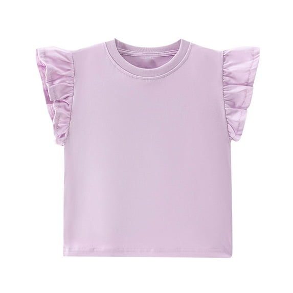 Einccm Girls Short Sleeve T-Shirt, Summer Round-Neck Flutter Sleeve Ruffle Cuff Top, Soft Breathable Lightweight Tee for Girls Ages 2-15, Casual School