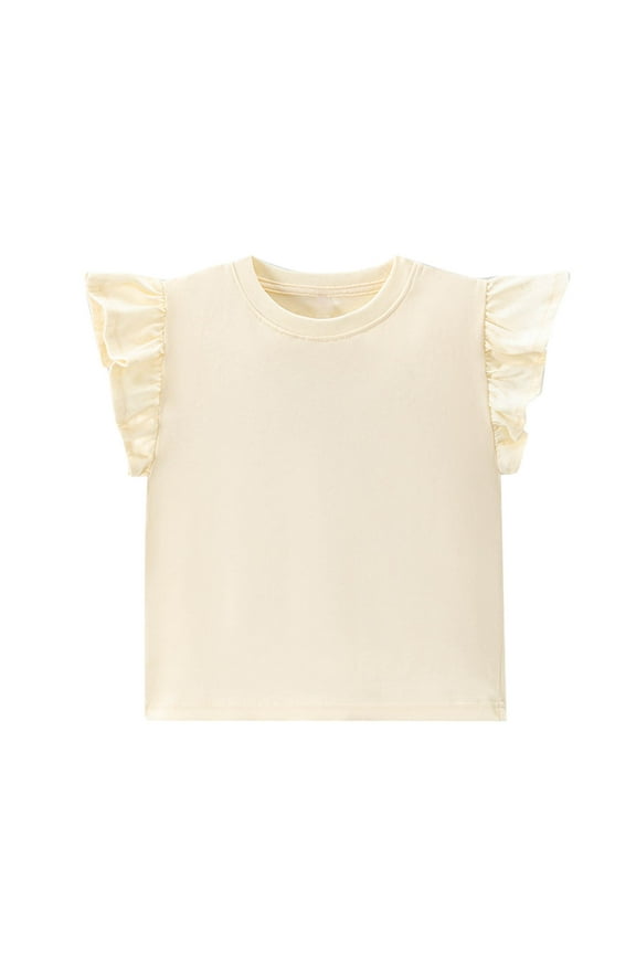 Girls Short Sleeve T-Shirt, Summer Round-Neck Flutter Sleeve Ruffle Cuff Top, Soft Breathable Lightweight Tee for Girls Ages 2-15, Casual School