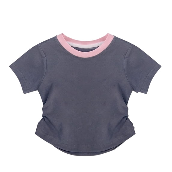 Einccm Girls Short Sleeve T-Shirts - Color Block Raglan Sleeves Top with Curved Hem and Side Decor, Relaxed Fit Round Neck Casual Wear for Girls Ages 1 to 14, Beige Black or Pink Black