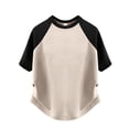 thumbnail image 1 of Einccm Girls Short Sleeve T-Shirts - Color Block Raglan Sleeves Top with Curved Hem and Side Decor, Relaxed Fit Round Neck Casual Wear for Girls Ages 1 to 14, Beige Black or Pink Black, 1 of 3