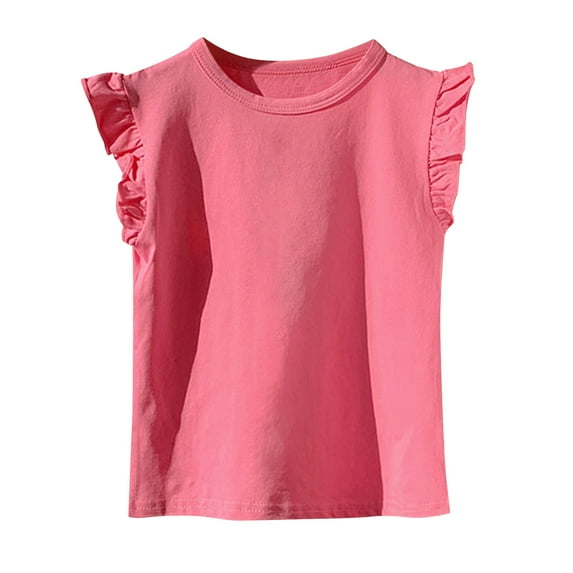 Einccm Girls Short Sleeve T-Shirts with Flutter Sleeves - 100% Cotton Crew Neck Summer Tops for Toddlers and Kids Ages 2-11 Years, 8 Vibrant Colors for Casual School Daily Wear