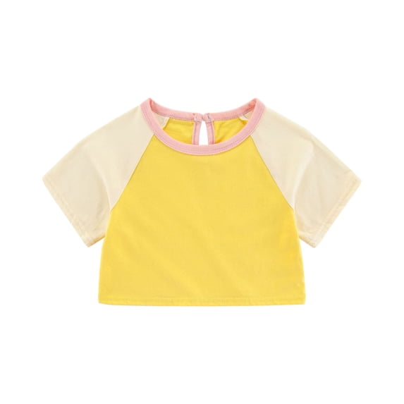 Einccm Girls Short Sleeve T-Shirts, Soft Cotton Blend Raglan Sleeve Cropped Tops with Back Neck Opening, Solid Color Contrast Trim Casual Tee for Baby Toddler Girls 6 Months-5 Years