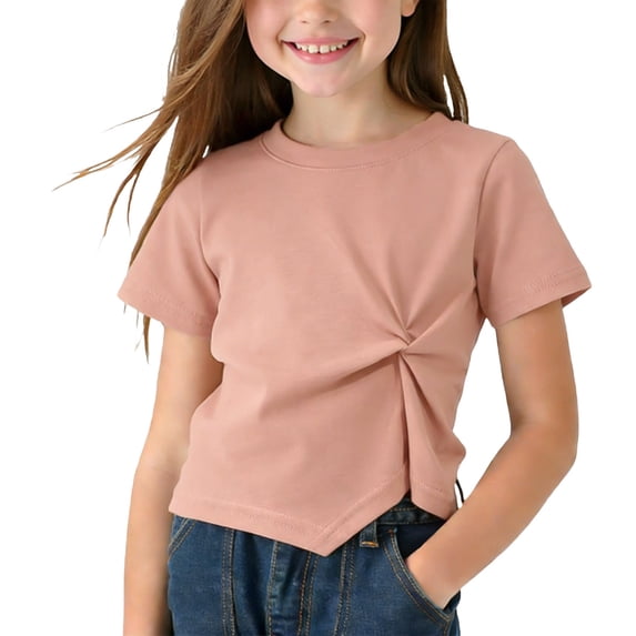 Einccm Girls Short Sleeve T-Shirts for Toddler and Kids Ages 1-9, Minimalist Knot Front Design Cropped Top with Round Neck in 6 Colors, Soft Breathable Fabric