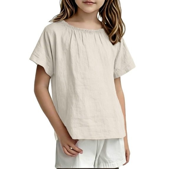 Einccm Girls Short Sleeve T-Shirts for Toddler and Little Girls Ages 1 to 7 Years, Ruffled Neckline Round Neck A-Line Top in 5 Solid Colors, for Casual School Outdoor Daily Wea