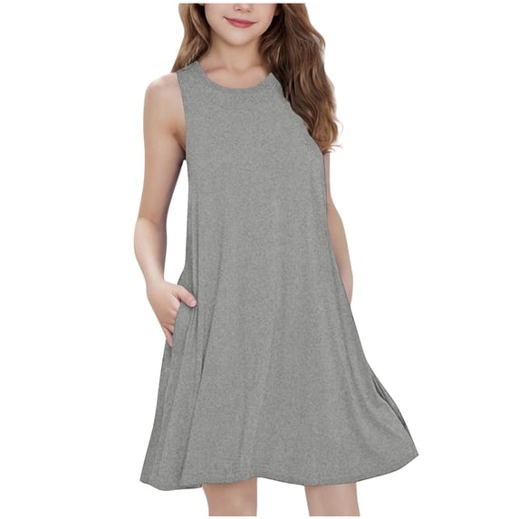 Einccm Girls Sleeveless Round Neck A-Line Twirly Skater Dress with Pockets - Stretchy Casual Knee-Length Dance Recital School Dress for Ages 5-15
