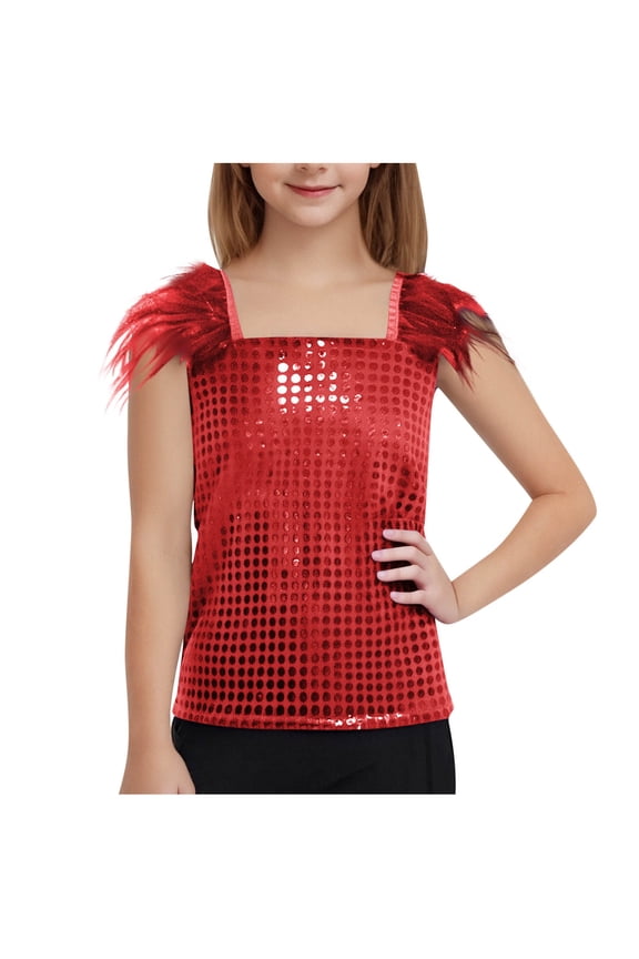 Girls Sleeveless Sequin Performance Vest - Square Neck Crop Top with Feather Shoulder Accents, Glitter Mesh Fabric for Dance, Party & Casual Wear, Ages 4-14