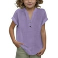 thumbnail image 1 of Einccm Girls' Solid V-Neck Loose Button-Up Blouse - Cotton Linen Casual T-Shirt Top with Drop Shoulder & Curved Hem for Everyday Wear, School, Vacation, and Outdoor Activities, 1 of 9