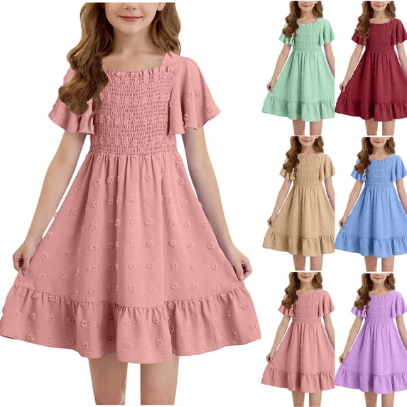 Einccm Girls Square Neck Princess Dress - Short Sleeve Ruffle A-Line Summer Party Dresses with Embroidery Detail for Kids and Big Girls 4-14 Years Old
