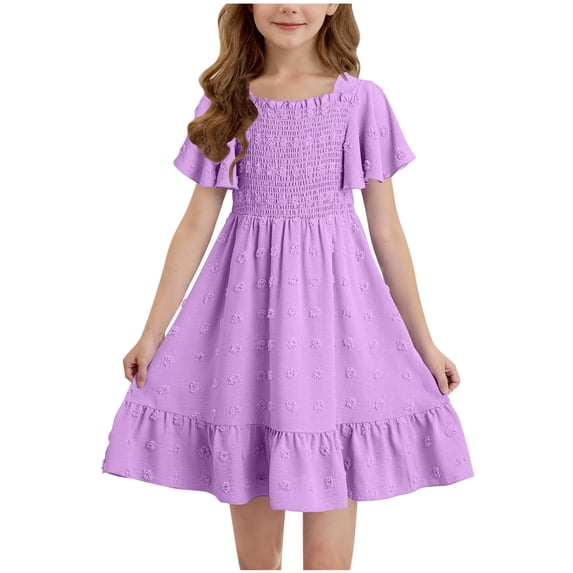 Einccm Girls Square Neck Princess Dress - Short Sleeve Ruffle A-Line Summer Party Dresses with Embroidery Detail for Kids and Big Girls 4-14 Years Old