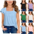 thumbnail image 1 of Einccm Girls Square Neck Short Sleeve Top, Lace Shoulder Cutouts with Ruffled Sleeves, Loose A-Line French Style Blouse for 5-15 Years, Ideal for School, Outings and Parties, 1 of 9
