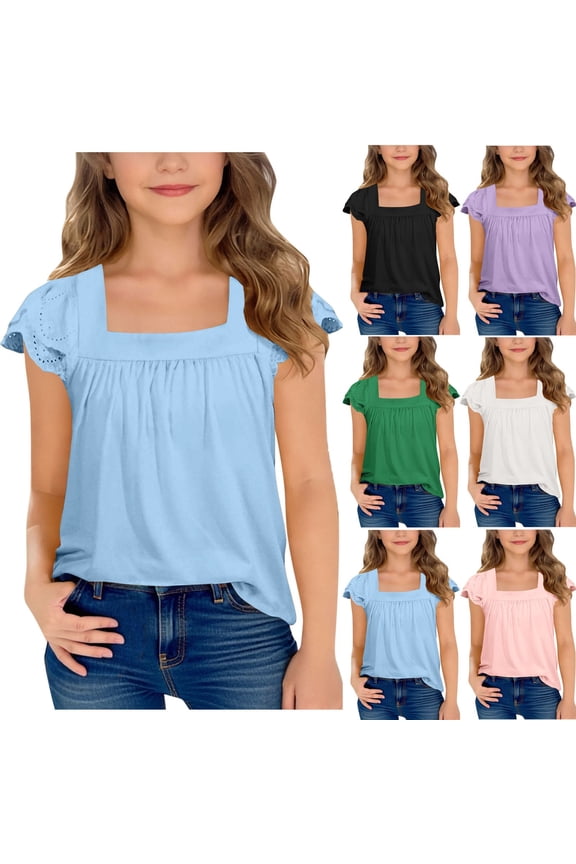 Girls Square Neck Short Sleeve Top, Lace Shoulder Cutouts with Ruffled Sleeves, Loose A-Line French Style Blouse for 5-15 Years, Ideal for School, Outings and Parties