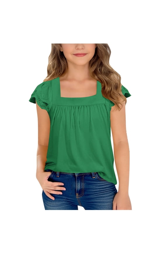 Girls Square Neck Short Sleeve Top, Lace Shoulder Cutouts with Ruffled Sleeves, Loose A-Line French Style Blouse for 5-15 Years, Ideal for School, Outings and Parties