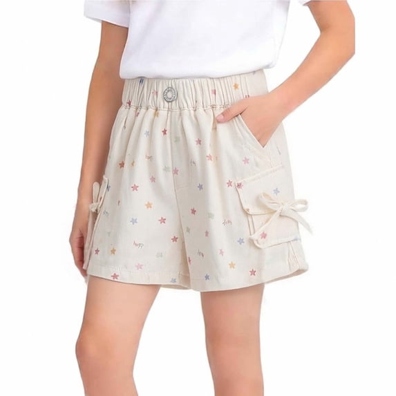 Einccm Girls Star Print Cargo Shorts - High Waisted Bow Tie Casual Summer Athletic Shorts with Pockets for Toddlers and Little Kids 1-9 Years School Outdoor Wear