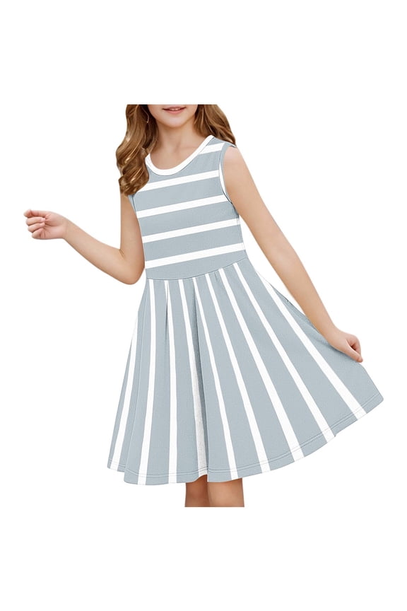 Girls Striped Sleeveless Dress - Classic Round Neck A-Line Summer Sundress, Casual Relaxed Fit Waist Cinched Fashion Skirt for Big Kids and Teens, Sizes 4-14 Years