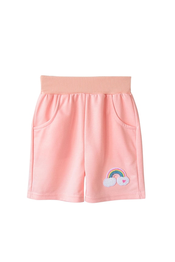 Girls Summer Cropped Pants with Rainbow Cloud Print, Elastic Waistband, Comfortable Straight Leg, Side Pockets, Lightweight Breathable Casual Mid-Length Shorts for Ages 1-10