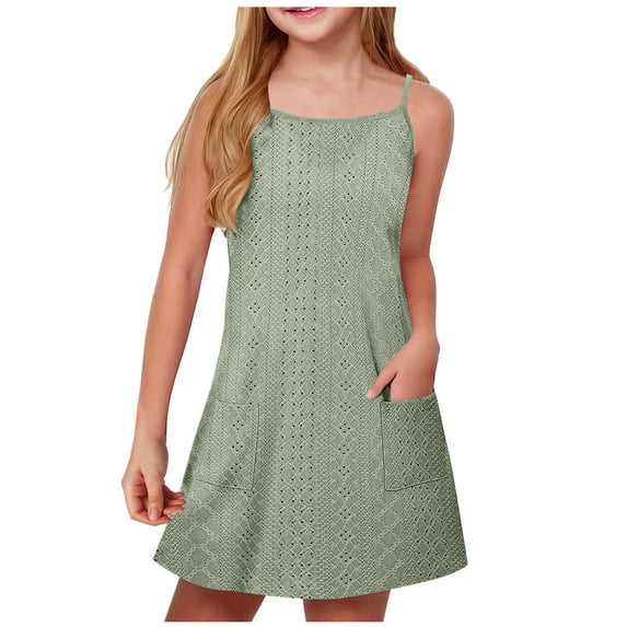 Einccm Girls Summer Dress - Square Neck Sleeveless Spaghetti Strap A-Line Sundress with Pockets and Hollow-Out Details - Casual Vintage Style Party Gown for Kids and Teens Ages 5-15 Years